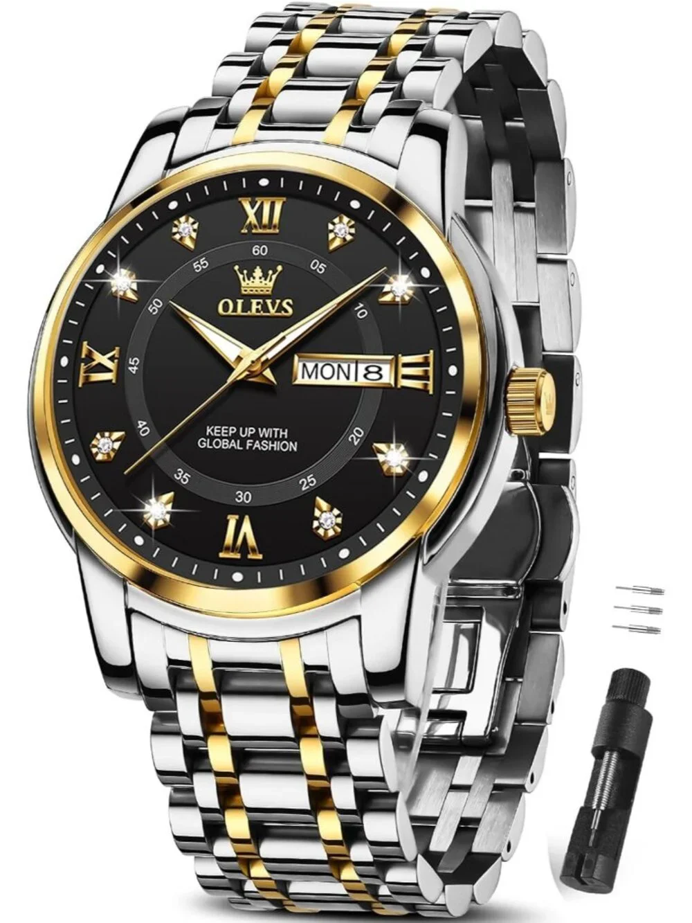 Mens Silver Black Face Stainless Luminous Quartz Waterproof Dimond Classic Watch